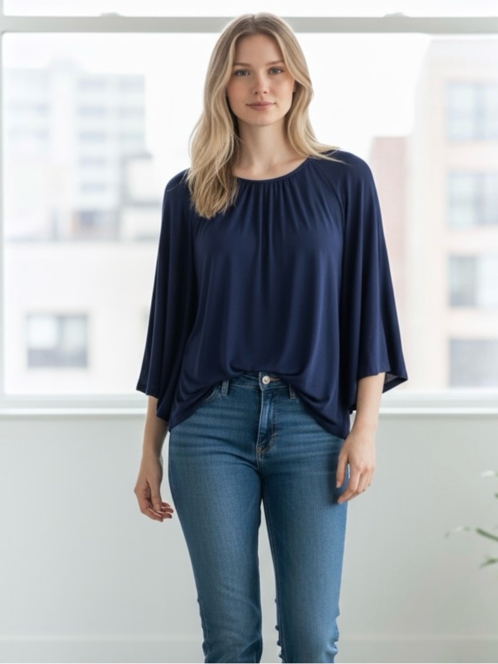 Chico’s Zenergy Rayon Blend Navy Blue Dolman Sleeve Scoop Neck Top Size 2 Large